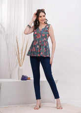 Green Katha Print Sleeveless cotton Top -A Fusion of Earthly Elegance and Tradition Artistry